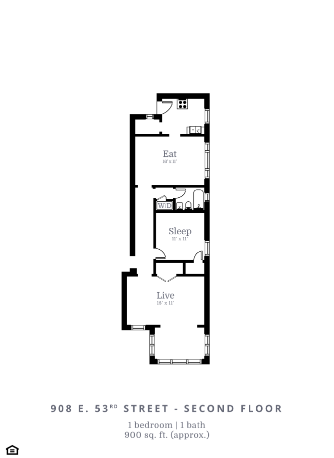 Floor plan for 2 beds, 1 bath, 900 sqft